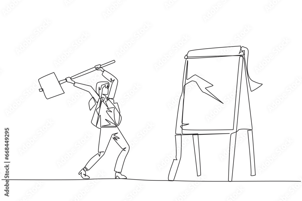 Poster single continuous line drawing businesswoman preparing to hit big flip chart with hammer. rampage. d