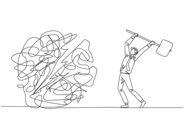 Single one line drawing businessman preparing to hit the big mess circle. Eliminate stress and anxiety. Focus on developing business. Achieve big profits. Continuous line design graphic illustration