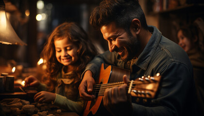 Obraz premium A happy family playing guitar, bonding and enjoying music together generated by AI