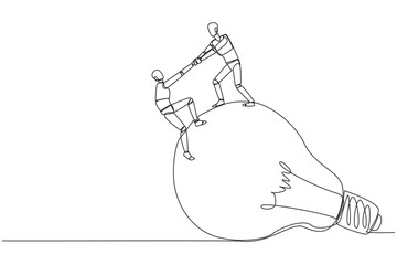 Continuous one line drawing smart robot helps colleague climb the big lightbulb. Metaphor related to idea. Brainstorm to achieve the best brilliant ideas. Single line draw design vector illustration