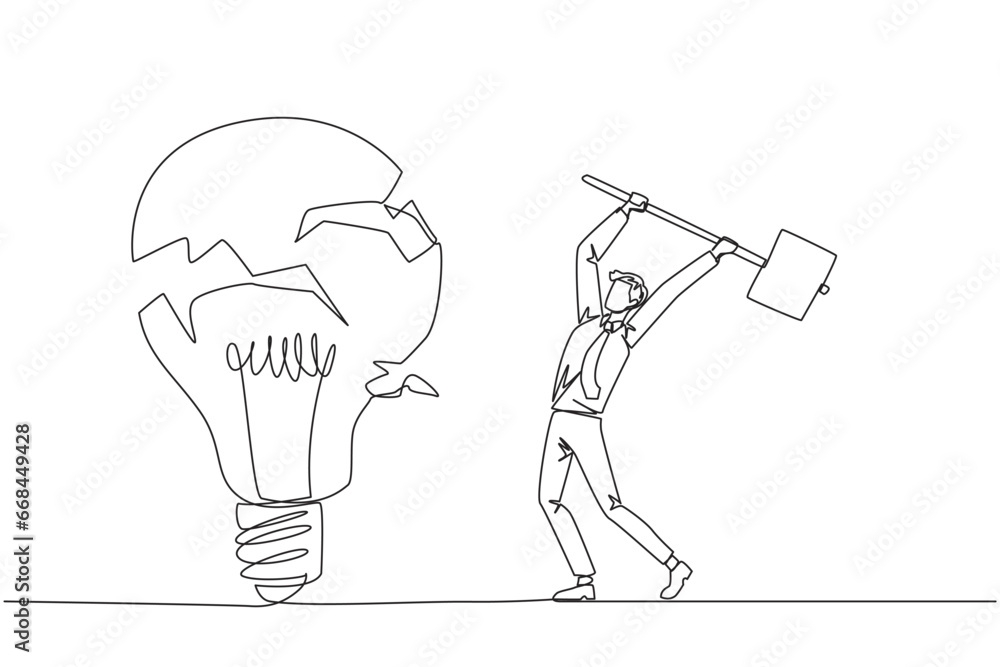 Poster continuous one line drawing businessman preparing to hit a big lightbulb. the thrashing anger. faile
