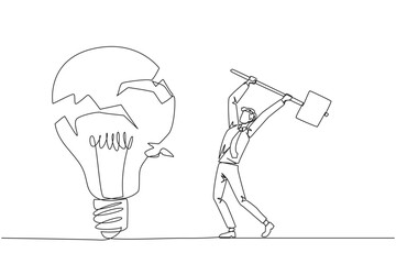 Continuous one line drawing businessman preparing to hit a big lightbulb. The thrashing anger. Failed to secure a brilliant business idea. Destruction. Single line draw design vector illustration
