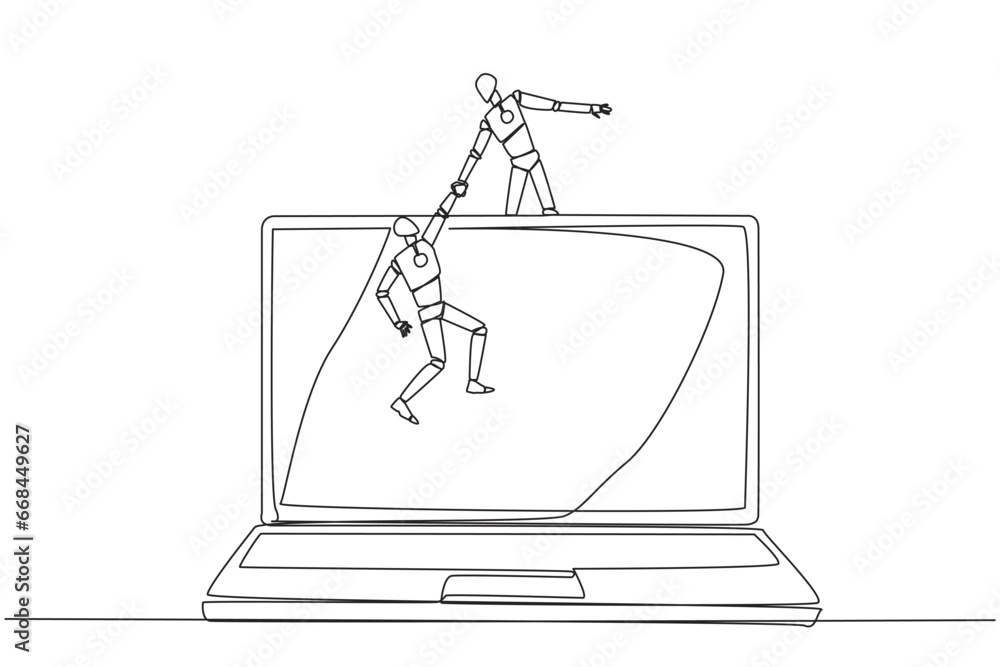 Poster single continuous line drawing smart robot helps colleague to climb a big laptop computer. help crea