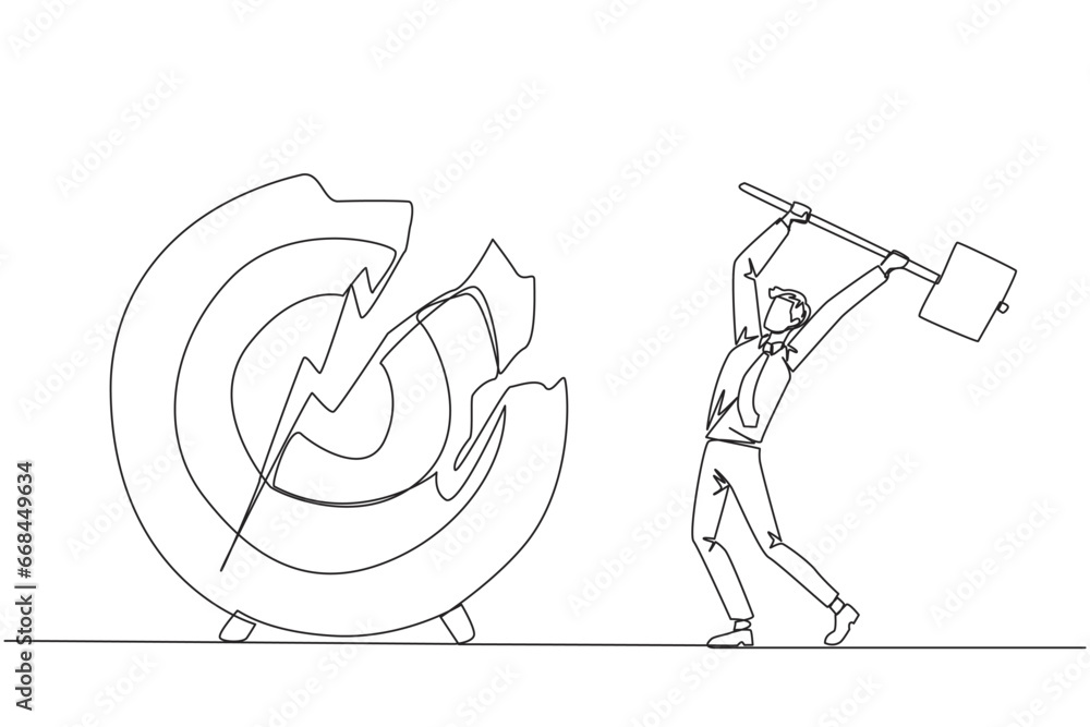 Poster continuous one line drawing businessman preparing to hit a big target arrow board. rampage. failed t
