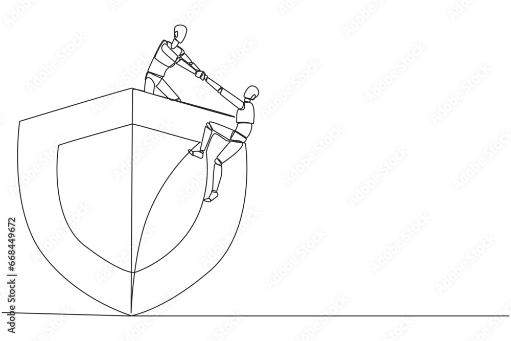 Poster continuous one line drawing smart robotic helps colleague climbs the big shield. teamwork keeps coll