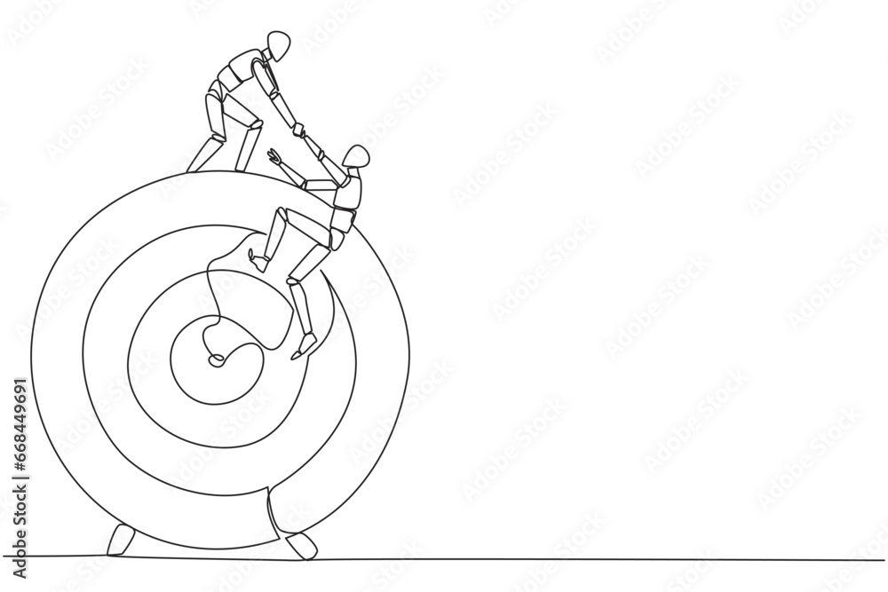 Poster continuous one line drawing smart robotic helps colleague climb the big arrow board target. metaphor
