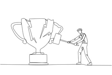 Single one line drawing businessman preparing to hit the big trophy. Rampage. Expressing mounting anger. Smashing the trophy with a sledgehammer. Failed. Continuous line design graphic illustration