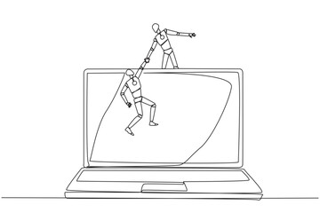 Single continuous line drawing smart robot helps colleague to climb a big laptop computer. Help create applications to develop business online. Great teamwork. One line design vector illustration