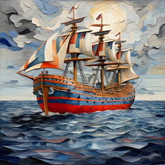 Sailing Ship in ht middle of the sea, Colorful Oil Painting, Generative AI