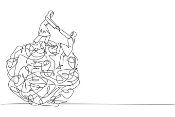 Continuous one line drawing Arab businesswoman helps colleague climb heavy messy circle. Teamwork eliminates anxiety. Eliminate stress to focus on business. Single line draw design vector illustration
