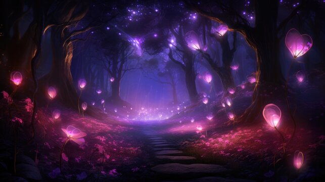 Mysterious forest path lit by glowing purple flowers at night. Magic and fantasy.