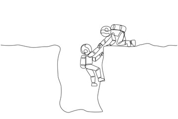 Single one line drawing young astronaut helps colleague climbing a wide hole. Teamwork helps colleague who fallen. Inviting success together. Cohesive. Continuous line design graphic illustration