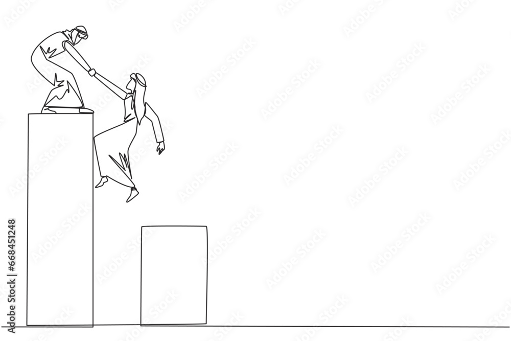 Poster continuous one line drawing arab businessman helps colleague climb bar graph. helps to climb to high