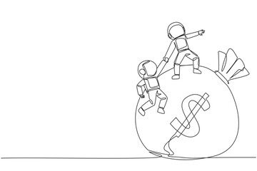 Single continuous line drawing astronaut helps colleague to climb big money bag. Collaborate to gain mutual benefit. Stronger together. Great teamwork. Cohesive. One line design vector illustration