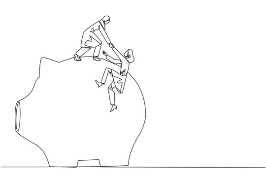 Single continuous line drawing Arab businesswoman helps colleague climb piggy bank. Remind each other in kindness. Investment for the future. Super great teamwork. One line design vector illustration