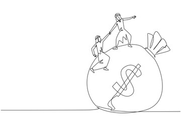 Single one line drawing Arab businessman helps colleague to climb money bag. Collaborate to gain mutual benefit. Stronger together. Great teamwork. Cohesive Continuous line design graphic illustration