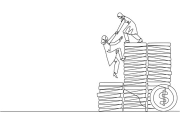 Single continuous line drawing Arab businesswoman helps colleague climb pile of coins. Metaphor help achieve financial targets before entering retirement. Teamwork. One line design vector illustration
