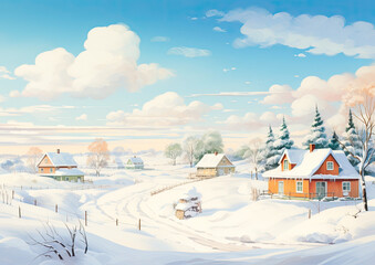 winter landscape with village.