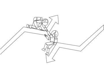 Single one line drawing astronaut helps colleague climb arrow symbol. Teamwork to raise better level together. Best partner ever. Maintain cohesiveness. Continuous line design graphic illustration