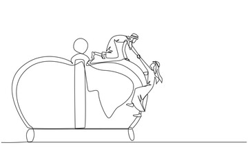 Single one line drawing Arab businessman helps partner climb the big crown. Grow together, success together. Achieve the desired success. Victory. Prestige. Continuous line design graphic illustration