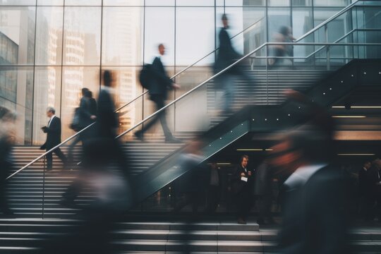 Blurred business people walking up and down stair outside office in fast movement
