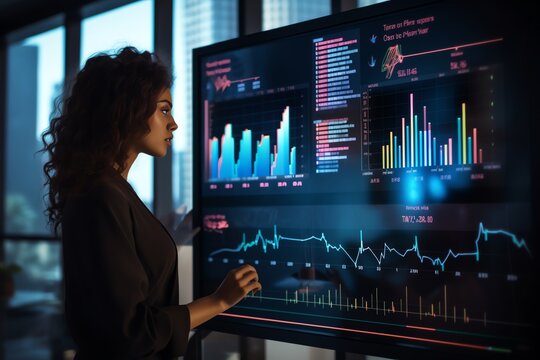 businesswoman presentation financial analytic on holographic screen