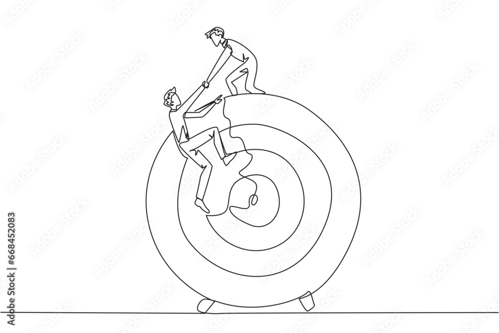 Poster continuous one line drawing businessman helps colleague climb arrow board target. metaphors help foc