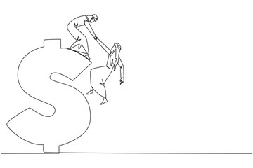 Continuous one line drawing Arab businessman helps colleague climb dollar symbol. Desire to develop business together. Super great teamwork. Cohesiveness. Single line draw design vector illustration