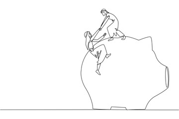 Single one line drawing Arab businessman helps colleague climb piggy bank. Remind each other in kindness. Investment for the future. Super great teamwork. Continuous line design graphic illustration