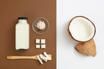 The frame is divided into two halves, one half with a brown background featuring an unlabeled bottle with white liquid, the other half with a white background showcasing a large piece of fresh coconut