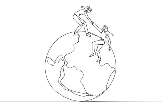 Single continuous line drawing businesswoman helps colleague climb the big globe. The metaphor of reaching top of the world through increasing business. Teamwork. One line design vector illustration