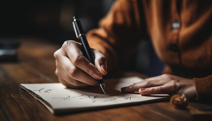 Creative businessman working on plan at desk with pen and paper generated by AI