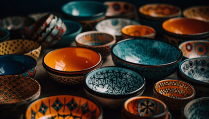 Vibrant earthenware collection showcases indigenous cultures' ornate pottery patterns generated by AI