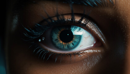 Fototapeta premium Blue eyed woman staring, close up portrait of human eye beauty generated by AI