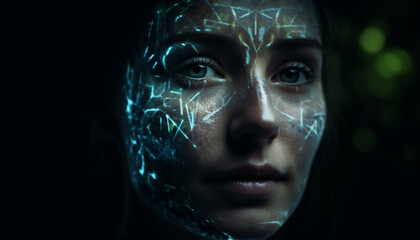 Young adult woman, futuristic cyborg, serious, illuminated in black background generated by AI