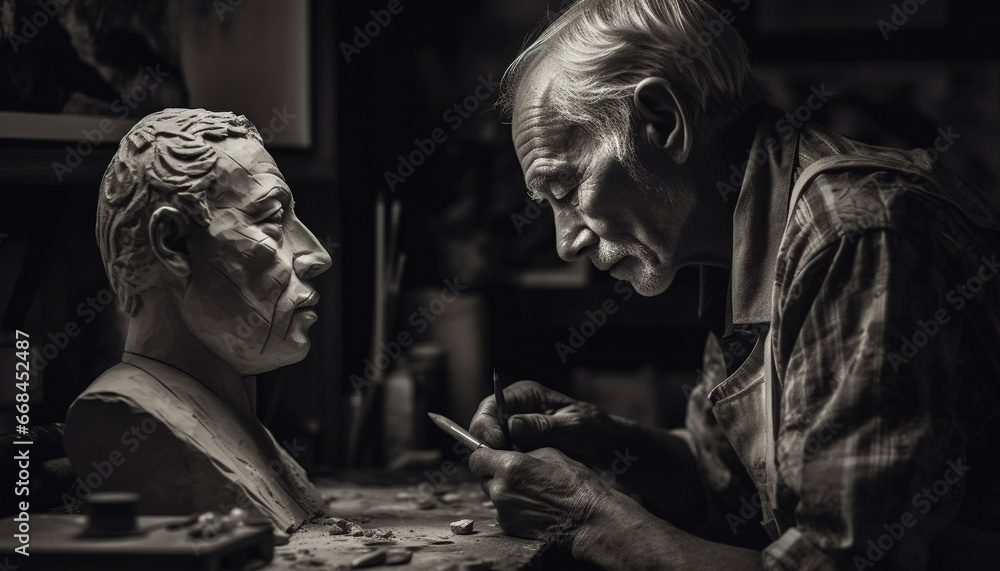 Poster craftsman working on sculpture in workshop with concentration and expertise generated by ai