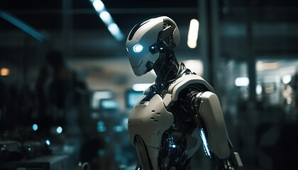 Fototapeta premium Futuristic cyborg with robotic arm working in illuminated factory machinery generated by AI