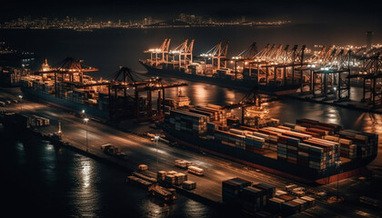 Global cargo industry delivers steel to waterfront cityscape at dusk generated by AI