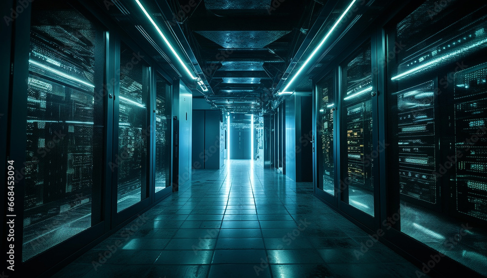 Aufkleber futuristic technology illuminates dark corridor with computer equipment in a row generated by ai