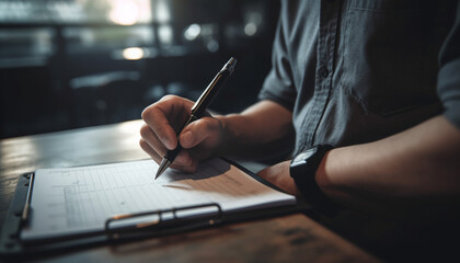 One adult businessman working in office, holding pen and document generated by AI