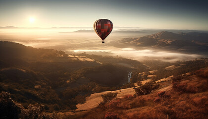 Adventure seekers soar high above mountain range in hot air balloon generated by AI