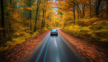 Fototapeta premium Driving on winding country road, blurred motion, vibrant autumn colors generated by AI