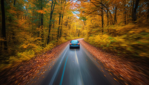 Driving on winding country road, blurred motion, vibrant autumn colors generated by AI