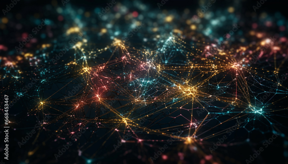 Poster glowing multi colored backdrop illuminates futuristic abstract design in dark space generated by ai