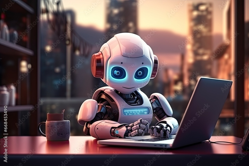 Poster futuristic robot typing and learning with laptop, chat bot. generative ai