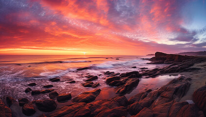 Obraz premium Majestic sunset over tranquil coastline, waves reflect beauty in nature generated by AI