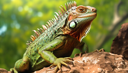 Obraz premium A green iguana crawls on a branch in the tropical forest generated by AI