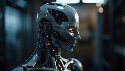 Fototapeta premium Futuristic robot cyborg technology men one person adult portrait science generated by AI