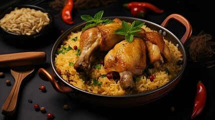 The national Saudi Arabian dish chicken kabsa with roasted chicken quarter and almonds