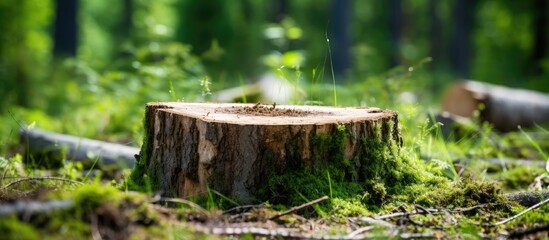 Freshly chopped spruce stump in a coniferous forest presented in banner format